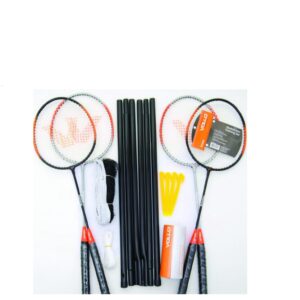 KIT BADMINTON VOLLO 4 RAQUETES 3 PETECAS DE NYLON REDE E SUPORTE